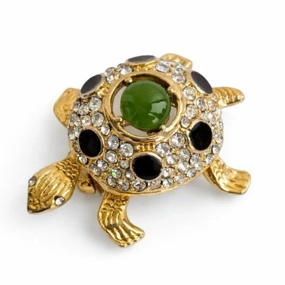 90’s Vintage Gold and Black Turtle Brooch with Crystal Glass jadeite Green Gem - Picture 1 of 6